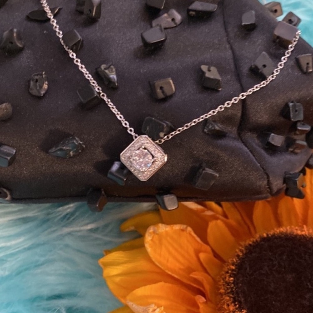 Diamond Solitaire Simulate & Micro Pave Encased Necklace Silver Chain NEW - Picture 3 of 7